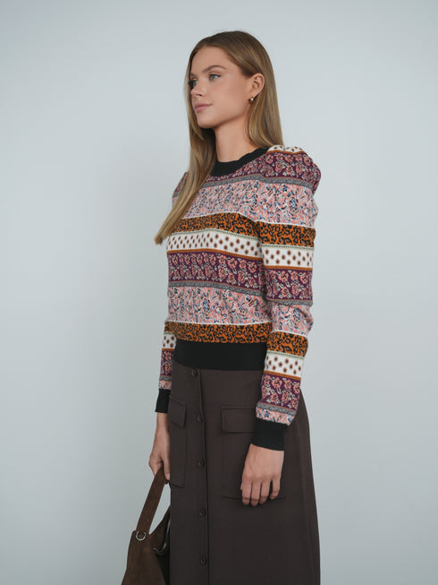 Point Puff Sleeve Jacquard Sweater in Motif Stripe